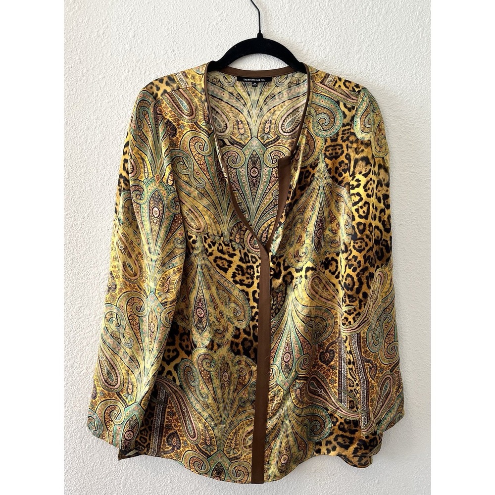 Lafayette 148 Silk Blouse Tunic Top Size 10 Long Sleeve Paisley/Animal Print